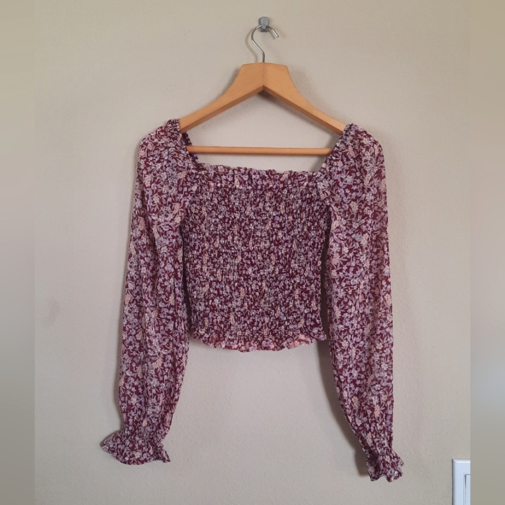 Japna Ruched Smocked Peasant Blouse Floral Puff Boho Bohemian